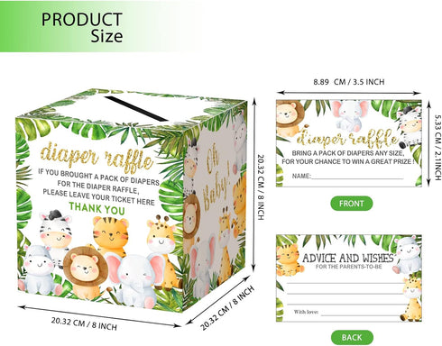 50 8" Diaper Raffle Tickets & Advice Cards For Baby Shower - Tickets, Jungle Animal Baby Shower Collection Box, Party