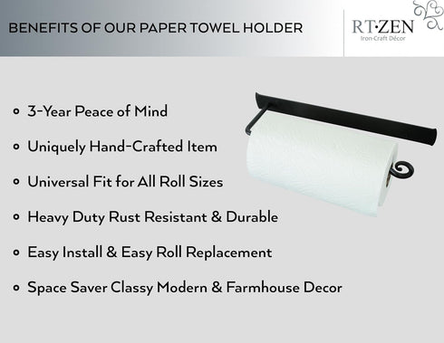 RTZEN Horizontal Black Paper Towel Holder - Handcrafted Rustic Metal Decorative Wrought Iron Decor - Farmhouse Wall