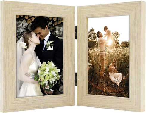 Golden State Art 4x6 Double Picture Frame, Vertical Hinged Folding Family Frames with Real Glass (Beige, 1-Pack)