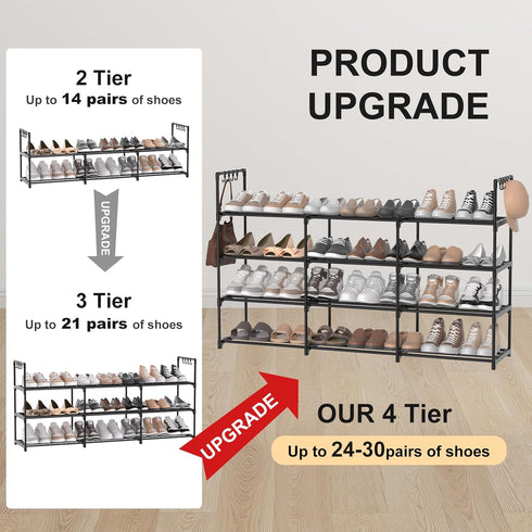 DYJIEKAI 3 4 24-30 Closet,Wide Row Tier Long Shoe Rack, Black Metal Stackable Shoe Shelf with Multifunctional Hooks