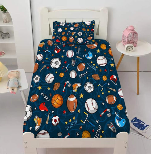 Boys Sports Fitted Sheet Twin Size 3D Soccer Basketball Baseball Football Bedding