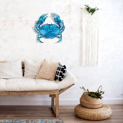 John's Studio Crab Wall Decor Outdoor Metal Bathroom Hanging Art Glass Blue Ocean Theme Decorations for Home, Pool