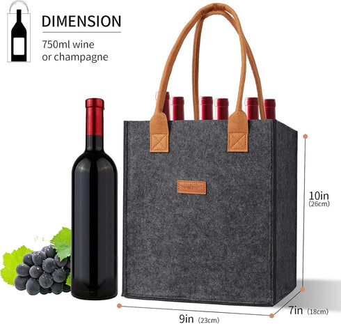 6 Bottle Wine Tote Bag - Insulated Thermal Padded Wine Bottle Carrying Cooler for Travel and Picnic (Dark Grey)