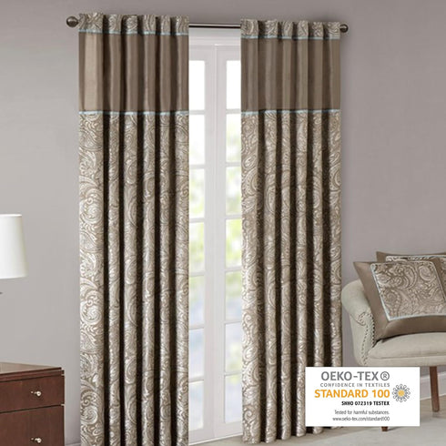 Madison Park Aubrey 2 Panel Curtain - Faux Silk Paisley Jacquard, 50x84, Taupe, Room Darkening