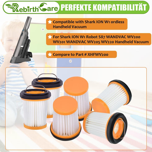 6 Pack WV201 Filters Replacement for Shark Wandvac ION W1 S87 Handheld Vacuum, Compare to Part # XHFWV200