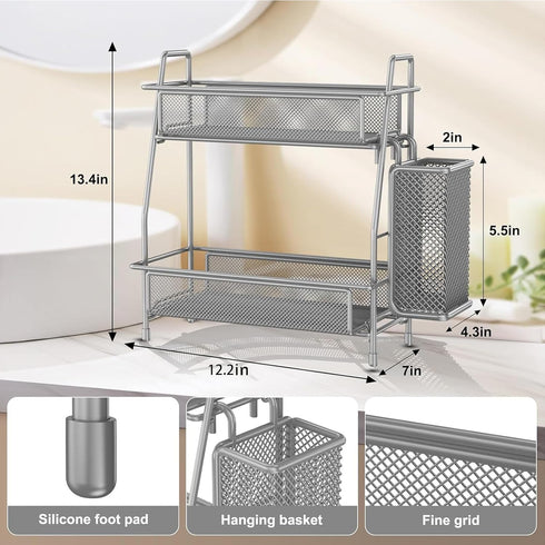 LEMIKKLE Spice Rack Organizer for Kitchen Counter, Metal Storage for Spices and Seasonings with Side Basket (Grey)