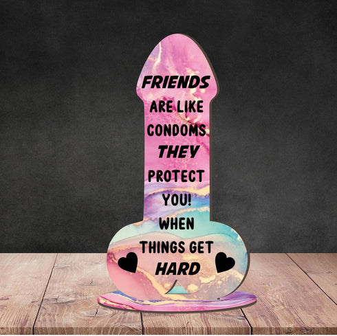 5.8in 2.8in) Friends Are Like Condoms (Multi-Coloured Marble Effect, Mdf Wood Small x - Birthday Gift for Female