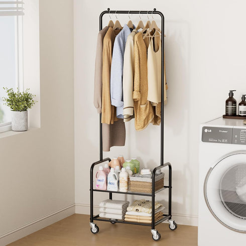 AOODA Small Clothes Rack with Shelves, Metal Sturdy Rolling Clothing Racks for Hanging Clothes, Portable Garment Rack