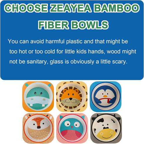 ZEAYEA 6 Pack Bamboo Kids Bowls, 10 Oz Durable Cartoon Bowls, BPA Free Square Dinner Tableware for Soup, Cereal, Pasta
