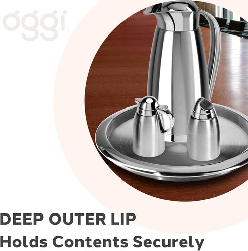 OGGI 14" Round Steel Tray - Decorative Coffee Table, Tea and Bar Serving Tray, Stainless Steel