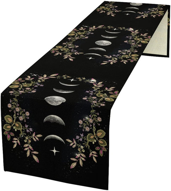 BenYaSong Boho Floral Moon Table Runner, Cotton Linen Non-Slip Dining Table Runners Black
