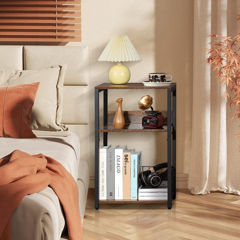 LELELINKY 3 Tier End Table, Record Player Stand with Storage for Up to 100 Albums, Turntable Stand for Vinyl, Brown