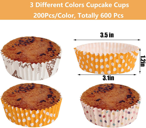 YOUEON 600 Pcs 3.5 In Jumbo Cupcake Liners Greaseproof, 6 Oz Large Paper Baking Cups Non-Stick, Jumbo Muffin Liners for Muffins, Cupcakes, Brownie, Quiche, Mini Snacks, Recyclable, 3 Pattern