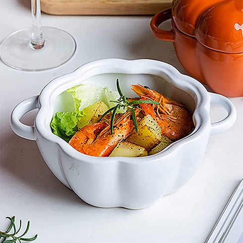 Pumpkin Bowl Set with Lid and Handle, 14 Oz Ceramic Ramekins for Baking, Oven Safe (White)