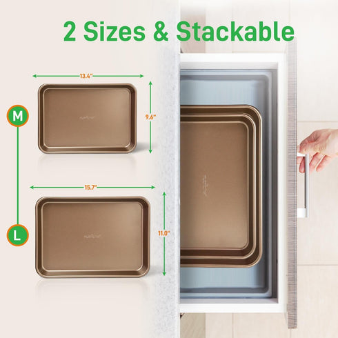 NutriChef 2-Piece Nonstick Baking Sheet Pans - Premium Carbon Steel Oven Bake Trays w/ Non-Stick Coating - Large & Medium Sized Cookie Sheets for Baking - Champagne Gold by NutriChef