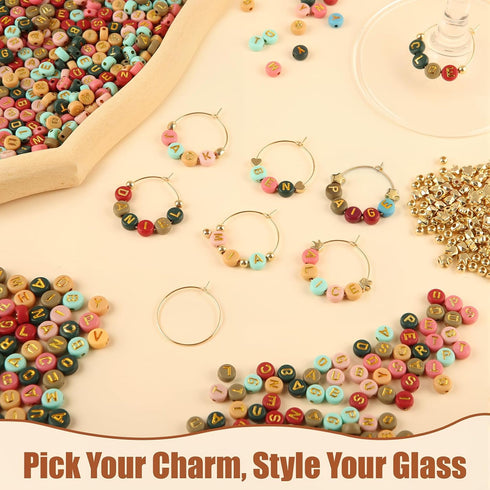 MOMOTONX 60 Set 1040 300 60 DIY Wine Glass Charms, Letter Beads Gold Bead Charms Rings for Stem Glasses, Personalized