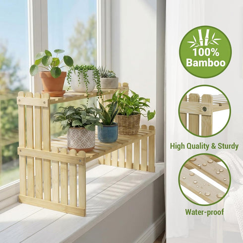 2 2 MyGift Natural Bamboo Indoor Plant Stand for Desk, Tier Desktop Shelf Organizer Rack with Slatted Shelves