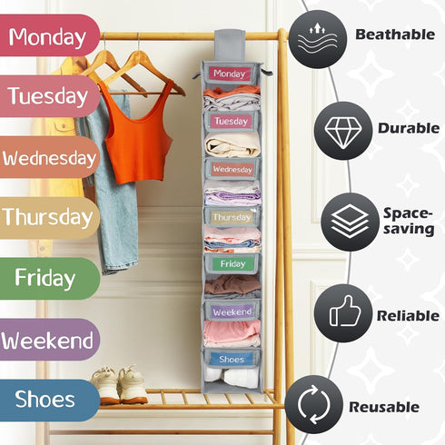 Yeyeplum 2 Pack 7 Closet Shelf Weekly Clothes Organizer Hanging for Kids with Side Pockets Weekday Shoes Rack Weekly