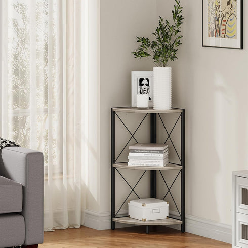 Snughome 3-Tier Corner Shelf for Desktop, Grey Freestanding Corner Storage Organizer with Metal Frame Display Rack