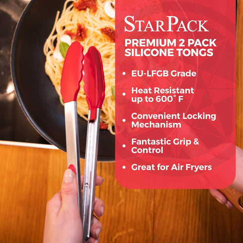 StarPack Premium Silicone Kitchen Tongs Set of 2, 9-Inch & 12-Inch, Stainless Steel with Non-Stick Tips
