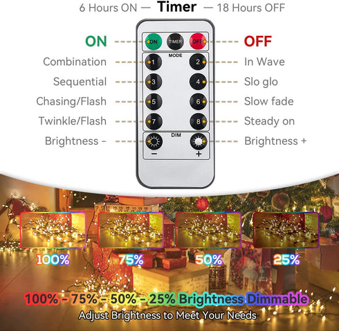 33Ft 100 Battery Fairy Light Outdoor LED Christmas Lights for Indoor Outdoor Waterproof with Remote Control Timer