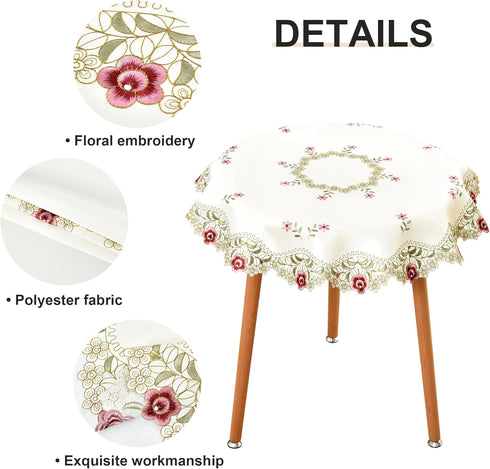 33 Inch Wolkemer Jacquard Small Round Tablecloth Vintage Floral Embroidered Lace Beige Table Cover for Nightstand End