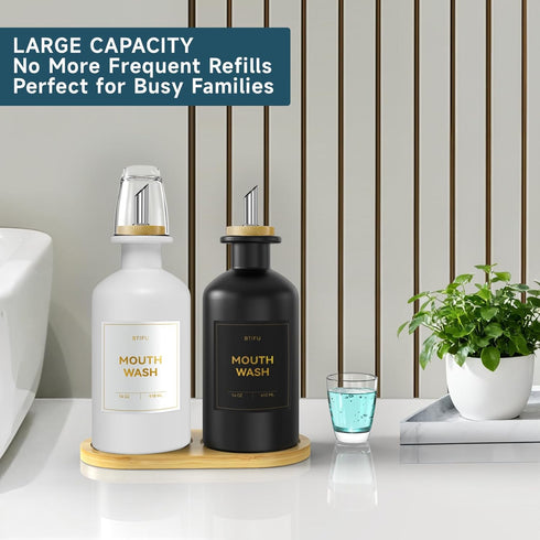 BTIFU 2PCS Countertop 14oz/410ml Glass Mouthwash Dispenser for Bathroom Refillable Mouthwash Bottle with Glass Cup