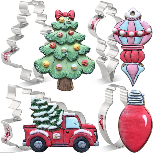 LILIAO Christmas Cookie Cutter Set, 4-pc Stainless Steel Cutters: Pickup Truck with Christmas Tree, Light Bulb, Ornament