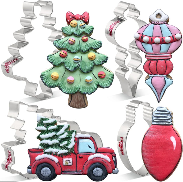 LILIAO Christmas Cookie Cutter Set, 4-pc Stainless Steel Cutters: Pickup Truck with Christmas Tree, Light Bulb, Ornament