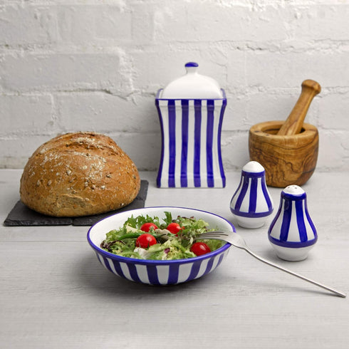 City to Cottage Ceramic Salt and Pepper Set - Handcrafted Navy Blue Stripe Shakers for Home, Restaurants, Weddings