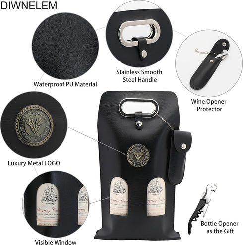 DIWNELEM Leather Wine Bag with Wine Opener, 2 Bottle Carrier for Champagne, Beer, Wedding, Birthday, Travel, Black