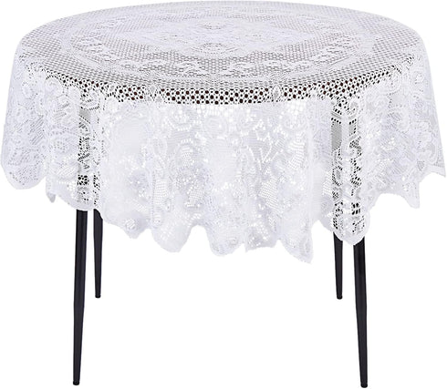 Juvale Round White Lace Tablecloth - Polyester Table Cover for Wedding Reception, Vintage Round Cover with Scalloped