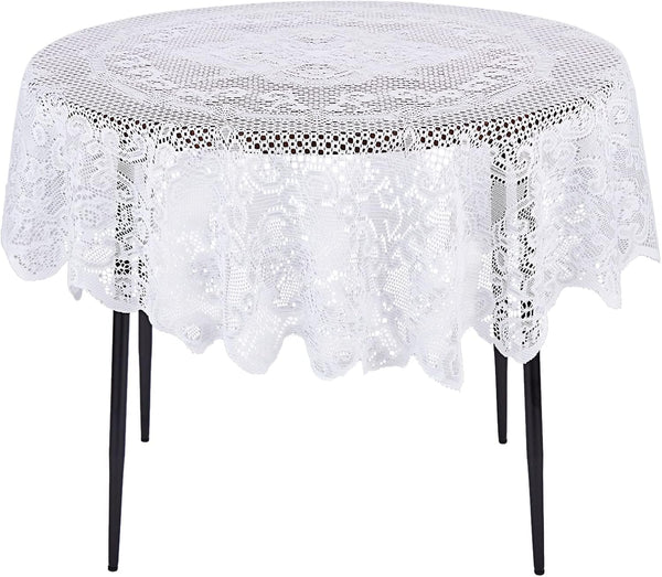 Juvale Round White Lace Tablecloth - Polyester Table Cover for Wedding Reception, Vintage Round Cover with Scalloped