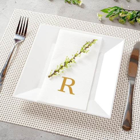 15.8 7.9 Inch 50 Luxenap X Linen-Feel Guest Towels, Lettered Hand Towels - Gold Letter 'R', Sans Serif Font, White