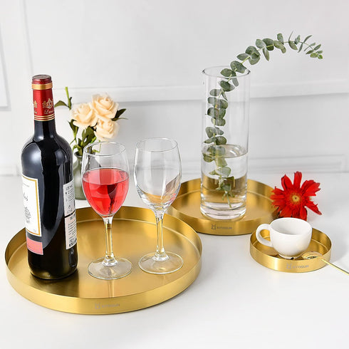Ajiaguo Counter (5"W+ 8"W+ 12"W 1.1"H) Gold Tray Round Serving Platter - Metal Decorative Plate for Bar Club Lounge