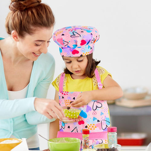MHJY Kids Apron Hat Set for Girls, Vintage Pleated Skirt Adjustable Kitchen Apron with Pockets for Baking Cooking