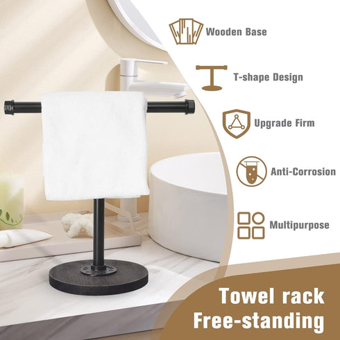 Hand Towel Stand with Wood Base, Industrial Pipe Heavy Duty Countertop Towel Holder for Bathroom and Kitchen