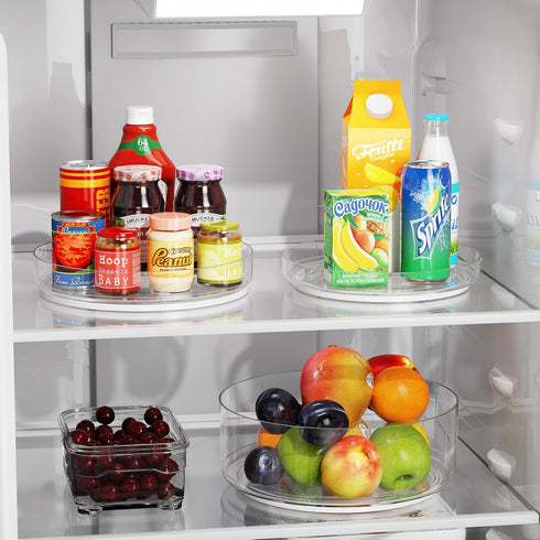 LAMU 3 Pack Lazy Suan Tunrntable Organizer for Cabinet Refrigerator 10''/10.6''/12'' with Raised Edge Rotating Spice Rack for Fridge Pantry Organizers and Storage, Kitchen, Countertop, Bathroom, Clear by LAMU