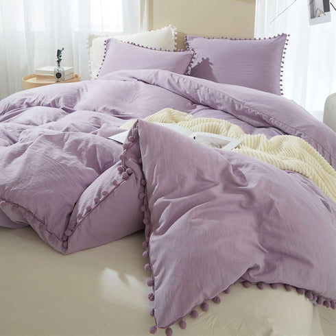 Lavender Standard Size Pillow Shams Set of 2 - Boho Pom Fringe Pillowcases, 20x26 Inch Light Purple Pillowshams