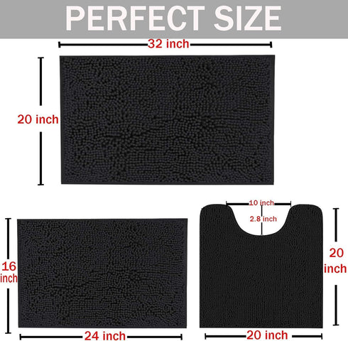 Black Bathroom Rugs Non-Slip Chenille Mat Set 3 Pieces Ultra Soft Absorbent Bath Carpet