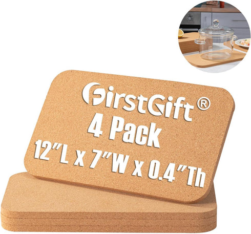 Rectangle Cork Trivets Set - 4 Pack, 12" x 7" x 0.4" Thick, Heat-Resistant Hot Pads for Kitchen