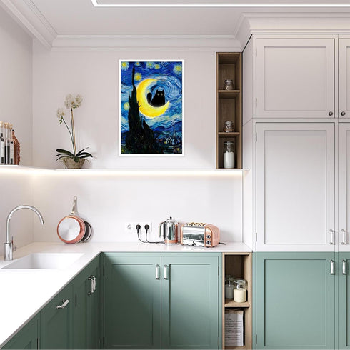 TYOHU Funny Starry Night Cat Canvas Wall Art, 24x36in Unframed Black Cat Poster Colorful Abstract Farmhouse Decor
