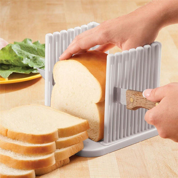 Adjustable Toast Slicer/Cutting Guide - Plastic Bread Slicer for Homemade Bread, Foldable Kitchen Baking Tool (White)