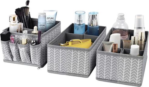 VERONLY Adjustable Cosmetic Storage Bins, Makeup Organizer and Drawer Divider Set of 3 for Bathroom (Grey)