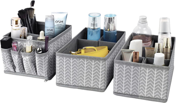 VERONLY Adjustable Cosmetic Storage Bins, Makeup Organizer and Drawer Divider Set of 3 for Bathroom (Grey)