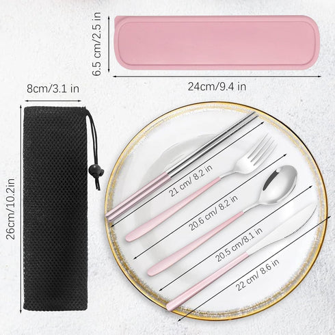 Portable Travel Utensils Set with Case, Pink Reusable Silverware Set, Stainless Steel Knife Forks Spoons for Camping