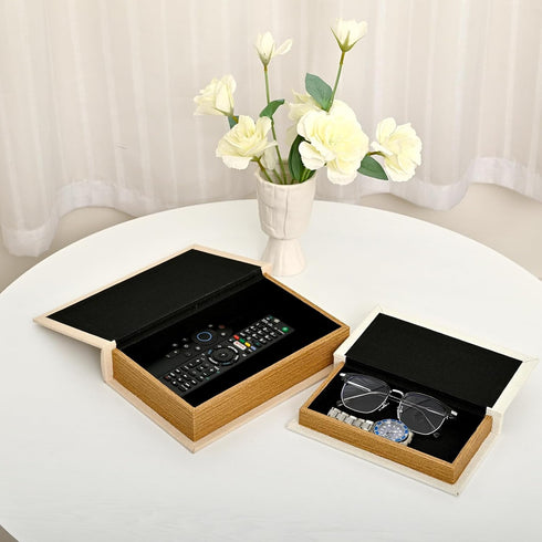 DECOR4SEASON Set 2, Decorative Faux Book Storage Boxes of Linen Fabric Textured Books, Off White, Modern Minimalist