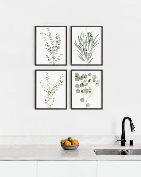 HAUS AND HUES Set of 4 Botanical Plant Wall Art Prints - Floral Kitchen Decor, Eucalyptus Leaves (11x14, UNFRAMED)