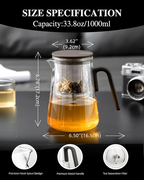 ZENS Magnetic Tea Pot, Large Enchanted Glass Teapot with Infuser and Magnetic Suction Lid for Mess-Free Loose Tea
