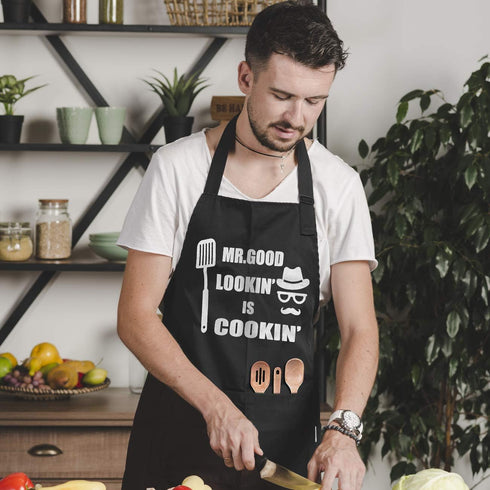Funny Chef Aprons for Men - Mr. Good Lookin' is Cookin’ Apron for BBQ Grill, Father's Day Gift